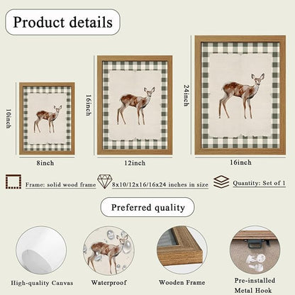 CXQILVER Vintage Framed Deer Wall Art Canvas Painting, Woodland Fawn Prints Wall Decor, Green Gingham Rustic Farmhouse Animal Artwork Pictures for Living Room Bedroom Bathroom Nursery Decor 16x24 Inch
