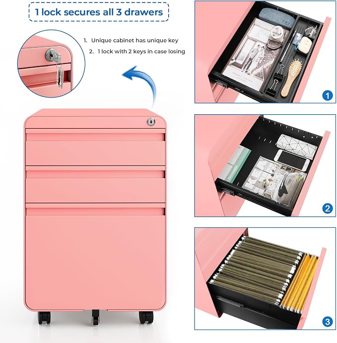 Dripex 3 Drawer Pink File Cabinet, Mobile Under Desk Storage File Cabinet with Lock on Wheels, Letter/Legal Size,Fully Assembled, Small Short Vertical Metal Rolling Filing Cabinets for Home Office
