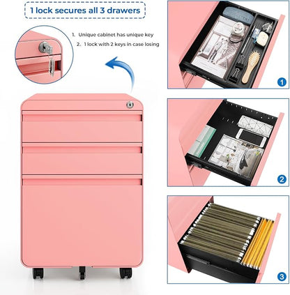 Dripex 3 Drawer Pink File Cabinet, Mobile Under Desk Storage File Cabinet with Lock on Wheels, Letter/Legal Size,Fully Assembled, Small Short Vertical Metal Rolling Filing Cabinets for Home Office