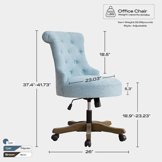 HUIMO Home Office Chair Upholstered Armless Desk Chair with Wheels Adjustable Height Computer Desk Chair with Wooden Legs Comfortable Linen Swivel Chairs for Home Office Study Studio (Teal)