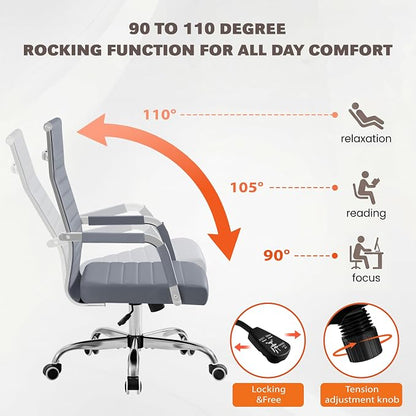 Furmax Ergonomic Office Desk Chair, Executive Ribbed Mid-Back PU Leather Conference Room Chair Adjustable Swivel Chair with Arms (2, Grey)