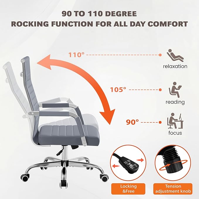 Furmax Ergonomic Office Desk Chair, Executive Ribbed Mid-Back PU Leather Conference Room Chair Adjustable Swivel Chair with Arms (1, Grey)