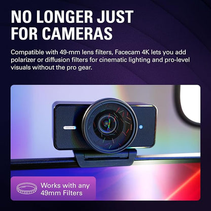 Elgato Facecam 4K, 4K60 Studio Webcam, DSLR-Like Control | Sony STARVIS 2 sensor, 49mm lens filter support, Uncompressed video, HDR support, Eco-friendly build, USB-C