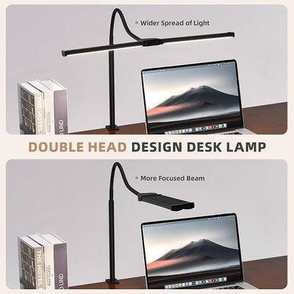 Voncerus LED Desk Lamp for Home Office, Double Head Architect Light with Clamp, Computer Monitor Clip on Light, 3 Modes and 10 Brightness, Adjustable Flexible Goose-Neck, Table Task Lamp, Black