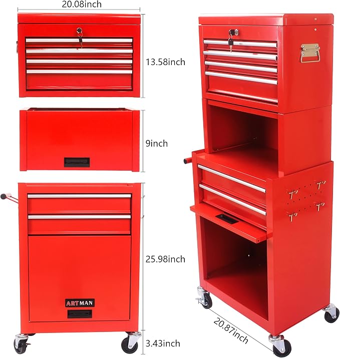 RYH 6 Drawers Rolling Tool Chest & Tool Box on Wheels | Heavy Duty Metal Cart with Ball Bearing Drawers | Fits US General Tool Box for Garage Storage (Red, 6 Drawers 3 in 1/51.99" H × 20.87" W)