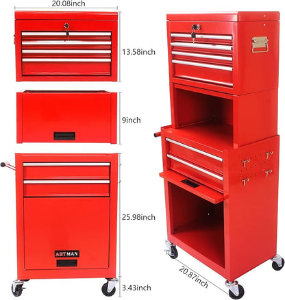 RYH 6 Drawers Rolling Tool Chest & Tool Box on Wheels | Heavy Duty Metal Cart with Ball Bearing Drawers | Fits US General Tool Box for Garage Storage (Red, 6 Drawers 3 in 1/51.99" H × 20.87" W)