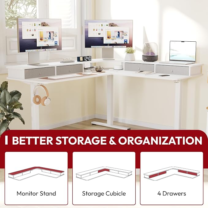SANODESK 63" L Shaped Standing Desk with 3 Drawers, Height Adjustable Stand up Desk, Corner Gaming Desk with Monitor Stand, White Frame/White Top