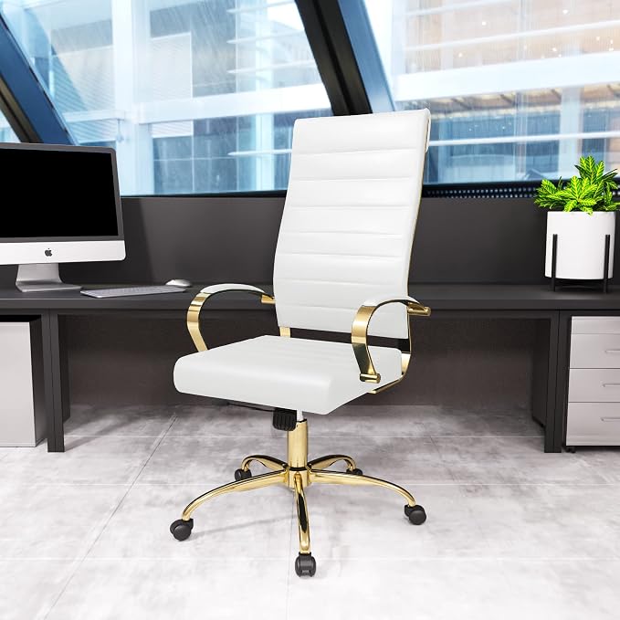 LeisureMod Modern High-Back Leather Office Chair - Swivel & Adjustable Executive Desk Chair with Gold Frame, Ergonomic Design for Home & Office (White, Single)