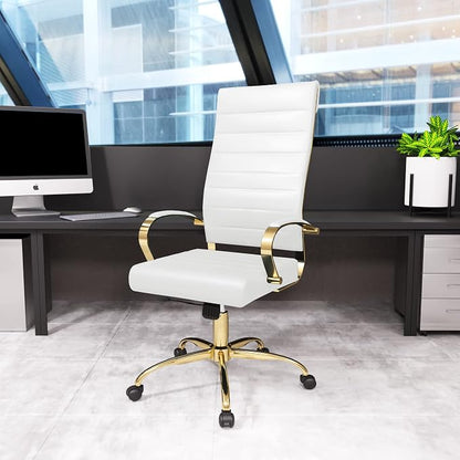 LeisureMod Modern High-Back Leather Office Chair - Swivel & Adjustable Executive Desk Chair with Gold Frame, Ergonomic Design for Home & Office (White, Single)