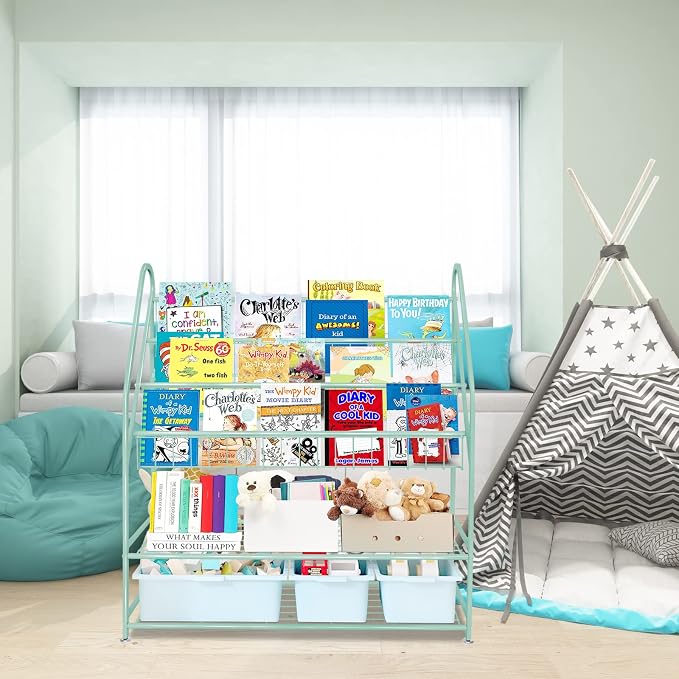 aboxoo Metal Kids Bookshelf Green Freestanding for Children Room 32 in Toy Organizer Book Unit Storage Large Green Stable Bookcase Bookstore Living Room Bed Room Library