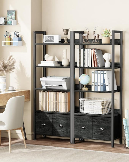 Furologee 5-Tier Bookshelf Set of 2, Tall Bookcase with 2 Drawers and Shelves, Industrial Display Free Standing Shelf Units, Storage Rack Organizer for Bedroom, Living Room, Home Office, Black Oak