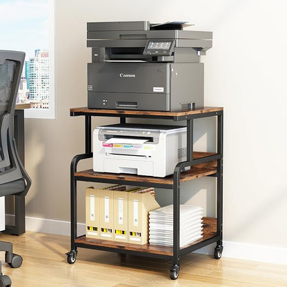 Large Printer Table for Home Office, Printer Stand, 3 Tier Rolling Printer Cart with Storage Shelf, Stand for Heat Press, Scanner, Fax, Organization, Brown
