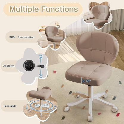 Vanity Chair with Back – Small Armless Office Chair with Wheels, Lumbar Support, PU Leather, Adjustable Height, 360° Swivel for Home, Bedroom, Office Khaki Set of 2