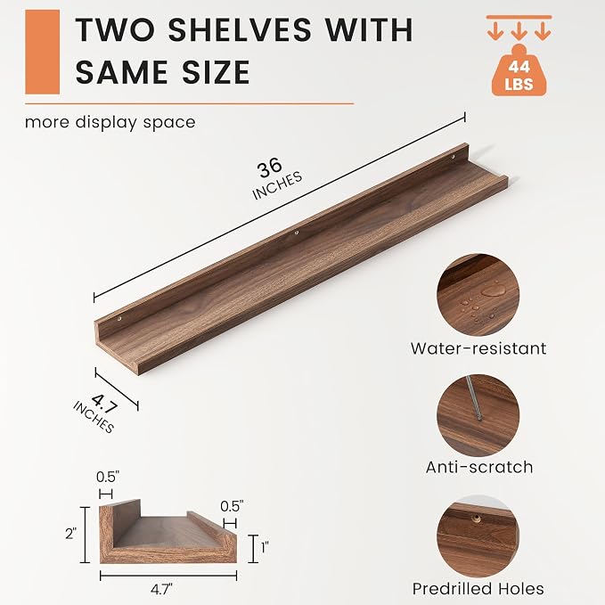 FLYJOE Picture Ledge Shelf, Floating Shelves Set of 2, 36 Inches Nursery Book Shelves for Toys Storage, Kids Bookshelf Wall Mounted for Living Room Bedroom Decor Books Photo Frames, Walnut