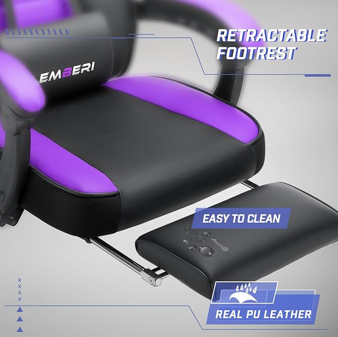 LEMBERI Big and Tall Gaming Chair 400lb Capacity, Heavy-Duty Office Chair with Reinforced Footrest, Wide Seat High Back PC Desk Chair with Linkage Armrests, Thickened Steel Frame, PU Leather, Purple