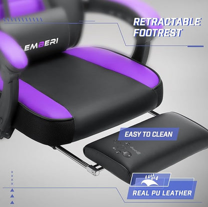 LEMBERI Big and Tall Gaming Chair 400lb Capacity, Heavy-Duty Office Chair with Reinforced Footrest, Wide Seat High Back PC Desk Chair with Linkage Armrests, Thickened Steel Frame, PU Leather, Purple