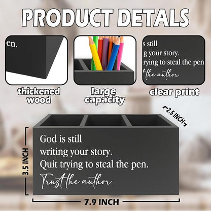 Christian Inspirational Pen Pencil Holder Organizer for Desk, God Is Still Writing Your Story Bible Verse Religious Black Wooden Box Sign for Office Home Desk Tabletop Decorations