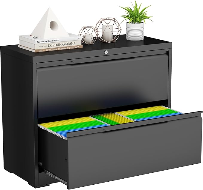 2 Drawer Lateral File Cabinet with Lock,Metal File Cabinets for Home Office,Locking Filing Cabinet for Letters/Legal/A4 Size, Assembly Required,Black Widen