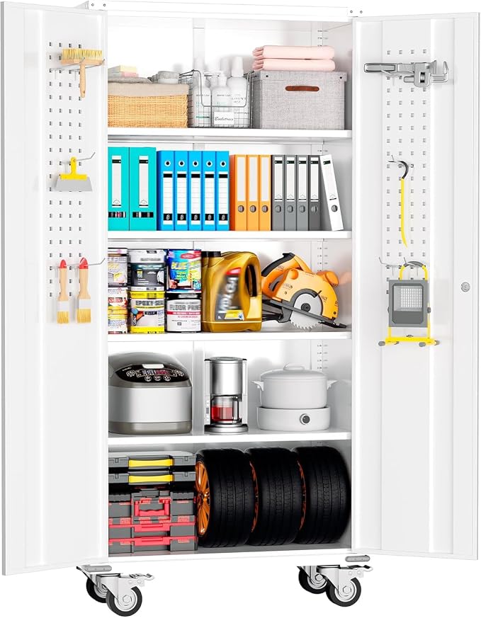 INTERGREAT Metal Storage Cabinet with Wheels, 72" Locking Storage Cabinets with Door and 4 Shelves, Tool Storage Locker on Casters for Home Office, White…