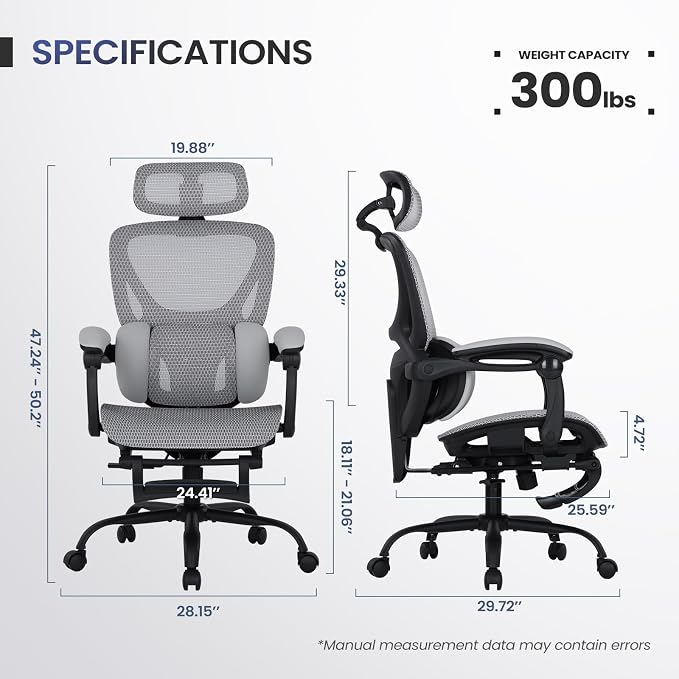 MALOL Ergonomic Mesh Office Chair with Footrest, Executive High Back Computer Desk Chair with 3D Adjustable Headrest & 5-Level Lumbar Support, Reclining Tilt Lock, 3D Arms, 300LBS Capacity, White