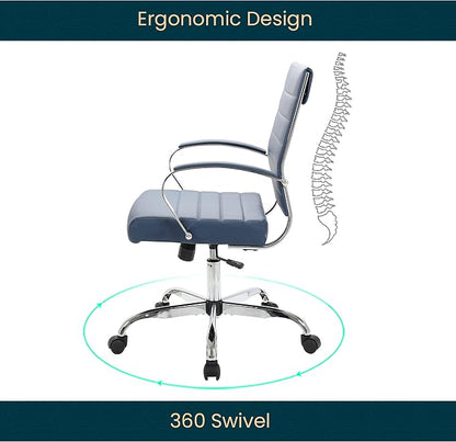 LeisureMod Benmar Leather Office Desk Chair, Mid-Back Ergonomic Swivel Chair with Lumbar Support, Adjustable Height, Tilt Lock, Cushioned Seat & Back, Home Office Task Chair (Navy Blue, Single)