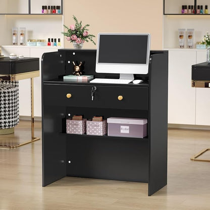 OmySalon Reception Desk with Counter, Small Front Checkout Desk w/Lockable Drawer, Wooden Modern Reception Table for Salon Lobby Office Home (Black, 32)