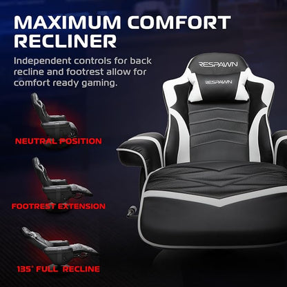 RESPAWN 900 Console Gaming Recliner with Footrest and Lumbar Support - Comfortable Ergonomic Gaming Chair with Headrest, No Wheels, Reclining, Heavy Duty, Racing Style Video Game Chairs - White