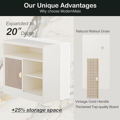 ModernMate Modern Wood Accent Cabinet with Sliding Door, Adjustable Open Shelves & Gold Handle Storage Cabinet for Home Office, 31W*20D*29H, White Rattan