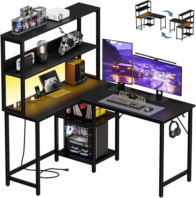 DUMOS L Shaped Desk Gaming Desk with LED & Power Outlet 43 in Reversible Corner Computer Table with Adjustable Shelf & CPU Stand, Home Office Writing Table, Black