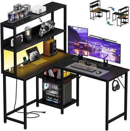 DUMOS L Shaped Desk Gaming Desk with LED & Power Outlet 43 in Reversible Corner Computer Table with Adjustable Shelf & CPU Stand, Home Office Writing Table, Black