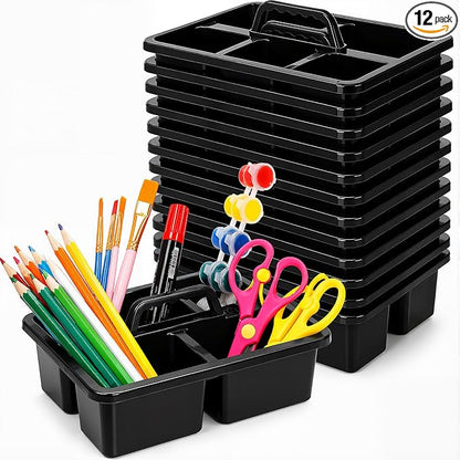WILLBOND 12 Pcs Classroom Caddy with Handle Bulk Plastic Storage Caddy Organizer with 5 Compartment Portable Storage Bin for Pencil, Pen, Crayon, Marker, Home, Office, School Supply(Black)