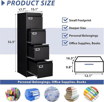 4 Drawer File Cabinet,Black Metal Filing Cabinets with Lock,Metal Vertical Filing Cabinets for Home Office,Steel Storage Cabinet fits Letter/Legal/A4 Size(Assembly Required)