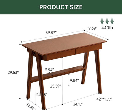100% Solid Rubber Wood Desk Home Office Desk Mid Century Modern Writing Computer Desk with Drawer for Home Office 39"