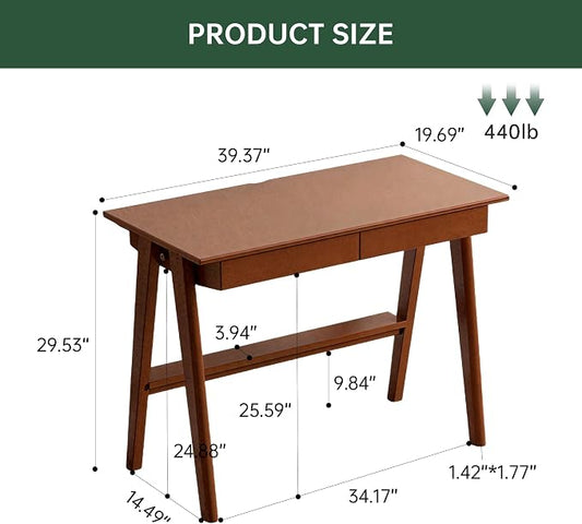100% Solid Rubber Wood Desk Home Office Desk Mid Century Modern Writing Computer Desk with Drawer for Home Office 39"