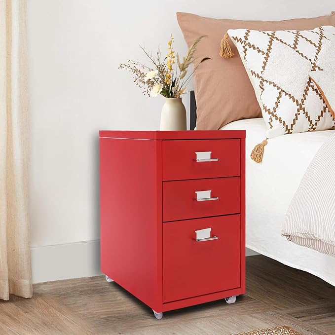 3-Drawer Mobile File Cabinet, Metal Filing Storage Cabinet with Wheels Small Nightstand Under Desk Organizer for Home Office (Red)