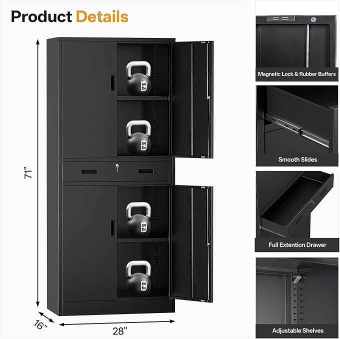 Metal Storage Cabinets with 1Drawer, 71" Storage Cabinet with 4 Locking Doors and 2 Adjustable Shelves, Steel Storage File Cabinet for Pantry Home, Kitchen, Office, Garage (Black)