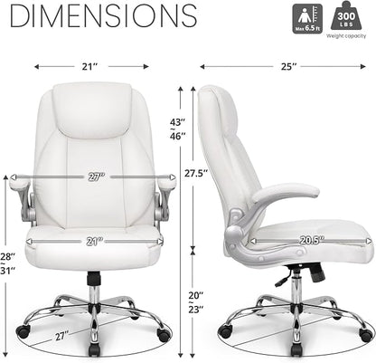 NEO Chair High Back Office Desk Chair for Computer Garming Ergonomic Executive Chair with Comfy Lumbar Support Flip-up Arms Height Adjustable Swivel (Leather White)