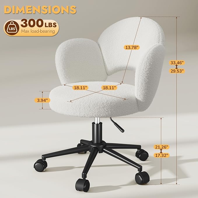 Homkdom Petal Vanity Chair with Wheels, 3.94" Thick Comfy Desk Chair, Swivel Armless Chair with Open Back and Adjustable Height, Ideal for Makeup Study Work and Relaxation, White