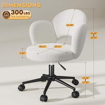 Homkdom Petal Vanity Chair with Wheels, 3.94" Thick Comfy Desk Chair, Swivel Armless Chair with Open Back and Adjustable Height, Ideal for Makeup Study Work and Relaxation, White