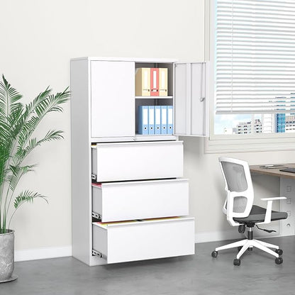 3 Drawer Lateral File Cabinet, Office Storage Cabinet with 3 Wide&Deep Drawers and Locking Doors, White Metal Cabinet with Adjustable Shelves for Home Office, Fits A4/Letter/Legal Size Folders