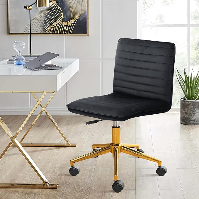 Furniliving Home Office Desk Chair, Armless Desk Chair with Wheels Soft Velvet Adjustable Height, Comfy Computer Rolling Chairs with Gold Metal Base Stool,Black
