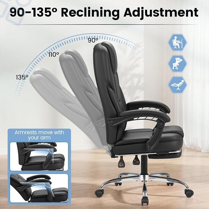 Furmax Massage Office Chair with Foot Rest Executive Big and Tall Office Chair Ergonomic Home Office Desk Chairs, Reclining High Back Leather Chair with Lumbar Support, 400LBS (Black)