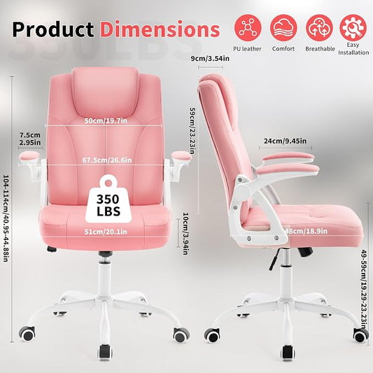 Executive Office Chair, Ergonomic PU Leather Computer Chairs, Executive Breathable Desk Chair with Padded Flip-Up Arms, 360° Swivel Rolling Chair Comfy Padded for Working Studying Gaming (Pink)