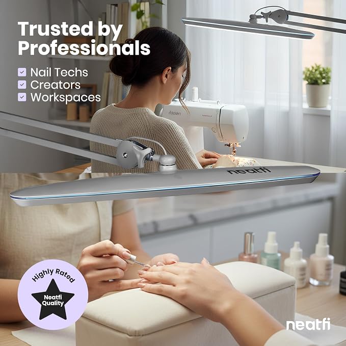 Neatfi XL 2,200 Lumens 24W LED Desk Lamp – 23” Wide Shade | Dimmable Eye-Caring Task Light | Adjustable Arm | Home Office, Study, Crafts & Nail Tech (Silver, Non-CCT with Clamp)
