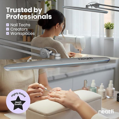 Neatfi XL 2,200 Lumens 24W LED Desk Lamp – 23” Wide Shade | Dimmable Eye-Caring Task Light | Adjustable Arm | Home Office, Study, Crafts & Nail Tech (Silver, Non-CCT with Clamp)