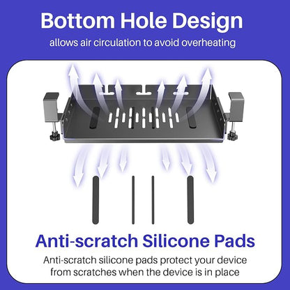 No Drill Under Desk Laptop Mount, Metal Under Desk Storage Shelf with Cable Management, Laptop Storage Tray for MacBook, Keyboard, Mac Mini, Anti-Scratch Silicone, Fits Office, Gaming, Workstations