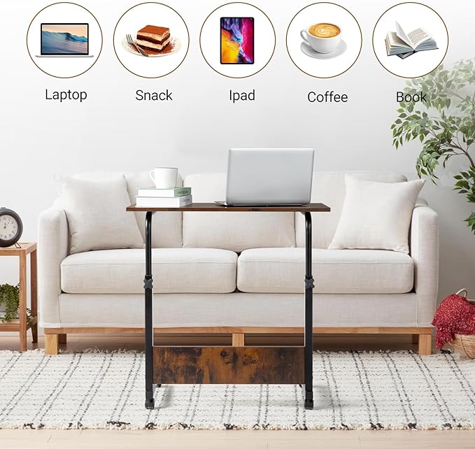 Karl home Mobile Side Table 31.5 Inch Computer Desk with Wheels Height Adjustable Rolling Potable Laptop Cart, C-Shaped Bed Couch End Tables with Edge Stopper for Livingroom Bedroom, Rustic Brown