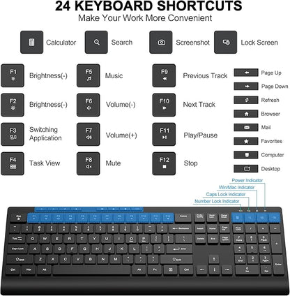 Wireless Keyboard and Mouse Combo, Full Size Quiet Key Computer Keyboard and Cordless Mice with 3 DPI Adjustable, 2.4G Lag-Free, Long Battery Life, Compatible with Windows and Mac Systems, Black