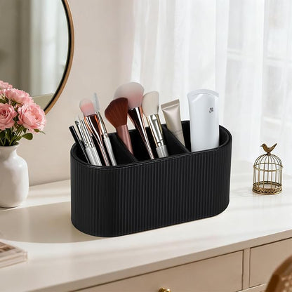 Aesthetic Remote Control Holder, PU Leather Pen Holder for Desk with 3 Compartments for Home Office Supplies and Accessories, Stylish Bedside Remote Holder Nightstand Desktop Organizer (Black)