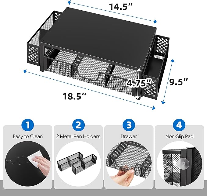 Simple Trending Metal Monitor Stand Riser, Drawer & 2 Pen Holders, Black | 2-in-1 Desk Organizer & Monitor Stand | Sturdy Metal | Drawer + Pen Holders | Ergonomic Support | Space Saving | Easy Setup